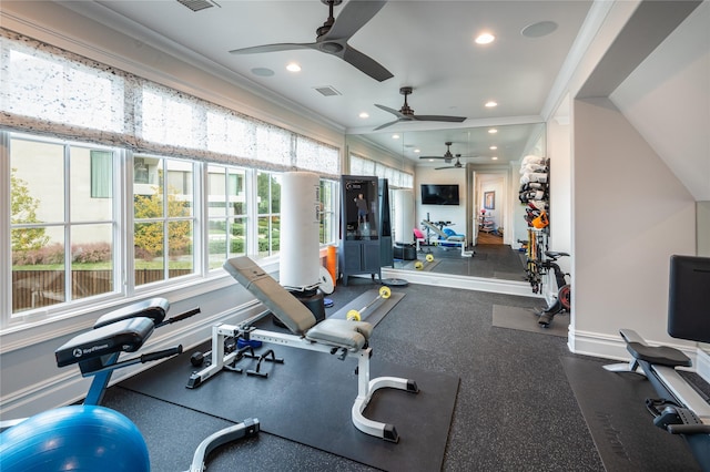 gym with ceiling fan and crown molding