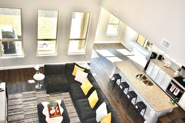 unfurnished living room featuring sink, a wealth of natural light, and dark hardwood / wood-style floors