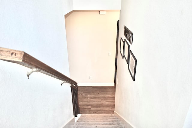 staircase with hardwood / wood-style floors