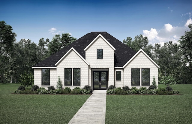 modern inspired farmhouse with a front yard and french doors