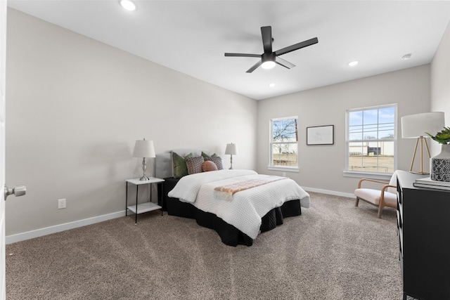 bedroom featuring carpet floors, baseboards, and recessed lighting