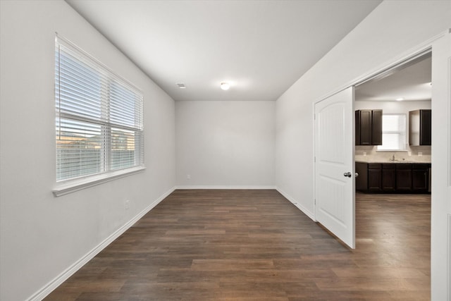 unfurnished room with dark wood-type flooring and sink