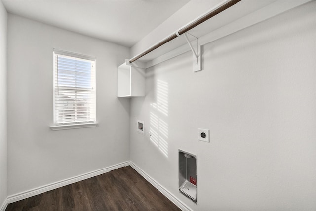 clothes washing area with hardwood / wood-style flooring, washer hookup, heating unit, and hookup for an electric dryer