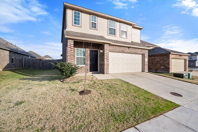 view of property with a garage and a front yard