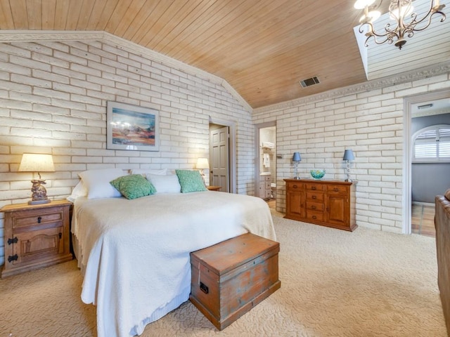 carpeted bedroom with wooden ceiling, brick wall, lofted ceiling, and a notable chandelier