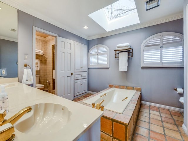 full bathroom with toilet, sink, crown molding, a skylight, and shower with separate bathtub