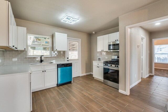 kitchen featuring appliances with stainless steel finishes, a healthy amount of sunlight, white cabinetry, and sink