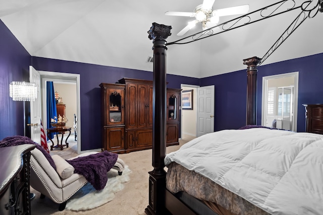 bedroom with a ceiling fan, light colored carpet, high vaulted ceiling, and visible vents