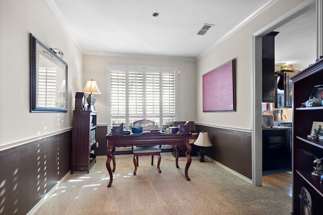 office area featuring visible vents, ornamental molding, and light colored carpet