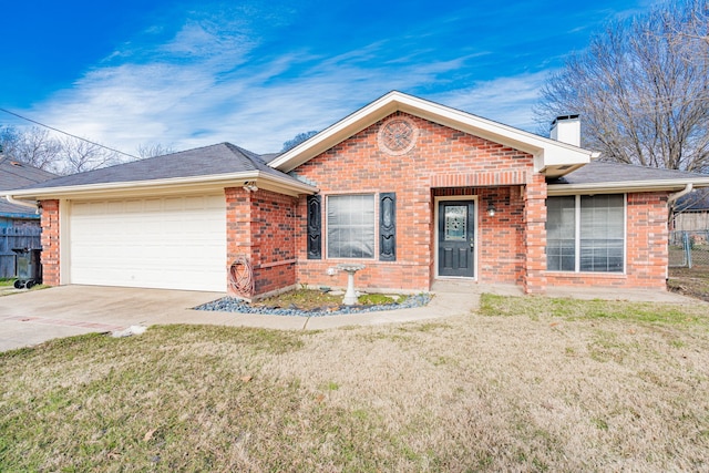 single story home featuring a garage and a front lawn