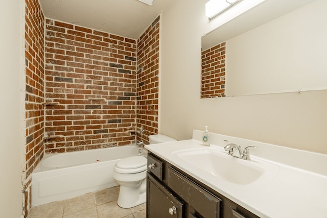 bathroom featuring brick wall, tile patterned floors, toilet, and vanity