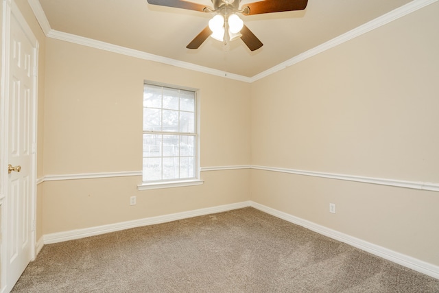 carpeted empty room with ceiling fan and crown molding