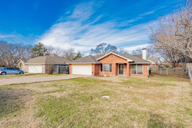 single story home featuring a front yard and a garage