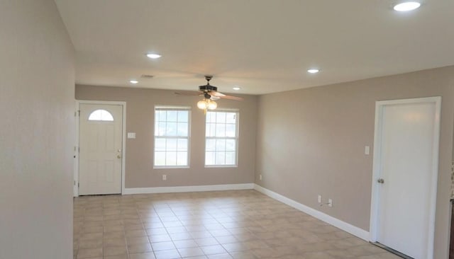 foyer featuring recessed lighting, visible vents, ceiling fan, and baseboards