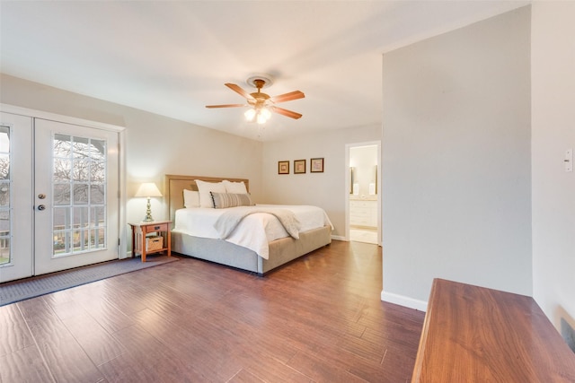 bedroom with ceiling fan, dark hardwood / wood-style floors, access to outside, ensuite bath, and french doors