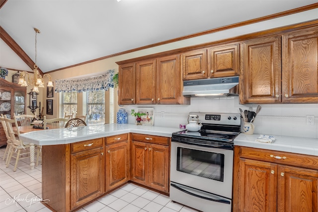 kitchen with backsplash, kitchen peninsula, hanging light fixtures, stainless steel range with electric stovetop, and light tile patterned floors