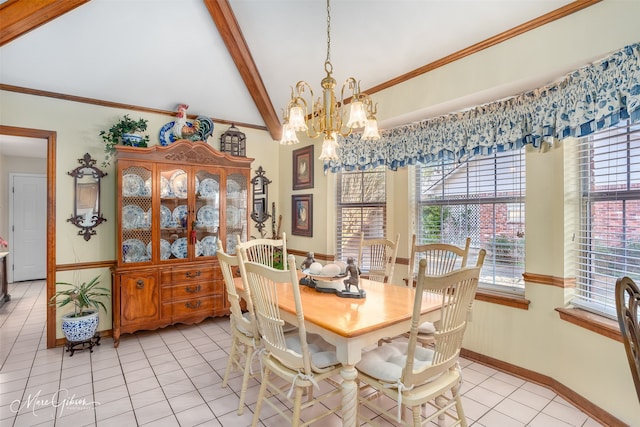 dining space featuring ornamental molding, beam ceiling, a notable chandelier, and light tile patterned flooring