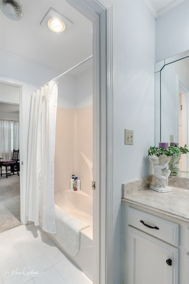 bathroom with tile patterned flooring, ornamental molding, and shower / bath combination with curtain