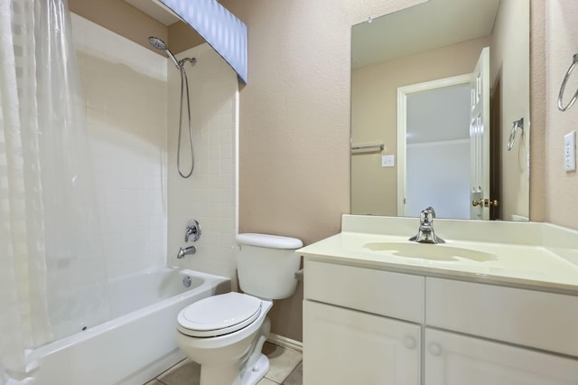 full bathroom with tile patterned floors, toilet, vanity, and shower / tub combo with curtain