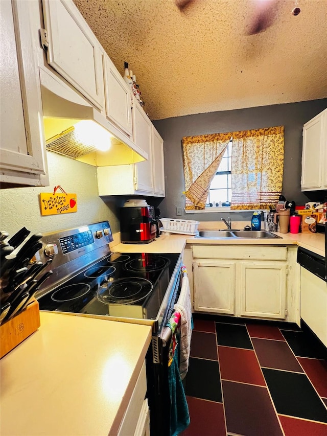 kitchen with stainless steel range with electric stovetop, white cabinetry, dishwasher, a textured ceiling, and sink