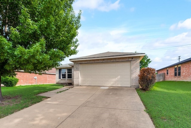 single story home featuring a garage and a front yard