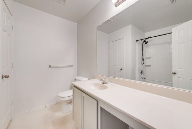 full bathroom featuring toilet, vanity, and  shower combination