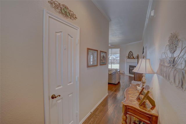 hallway featuring dark hardwood / wood-style flooring and ornamental molding