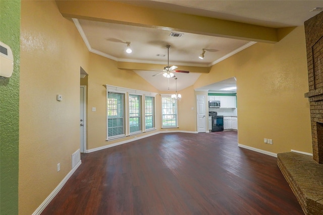 unfurnished living room with lofted ceiling, dark hardwood / wood-style flooring, and crown molding