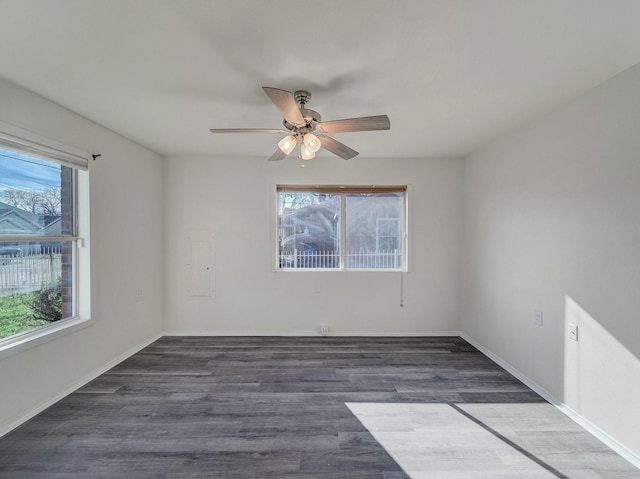 spare room featuring ceiling fan and dark hardwood / wood-style flooring