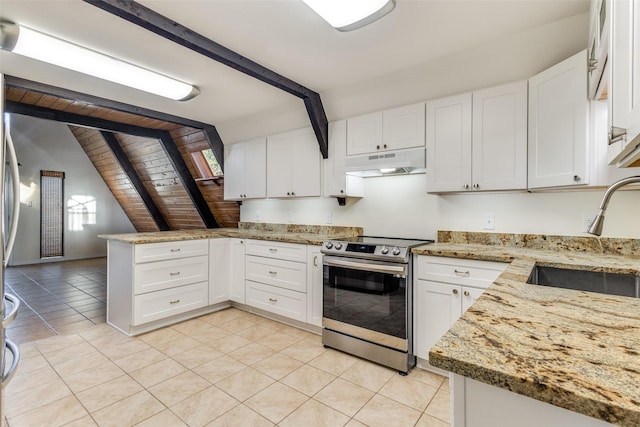 kitchen featuring stainless steel electric range oven, sink, light stone counters, and white cabinetry