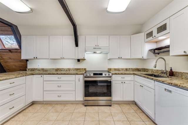 kitchen featuring white dishwasher, sink, white cabinetry, and stainless steel electric range