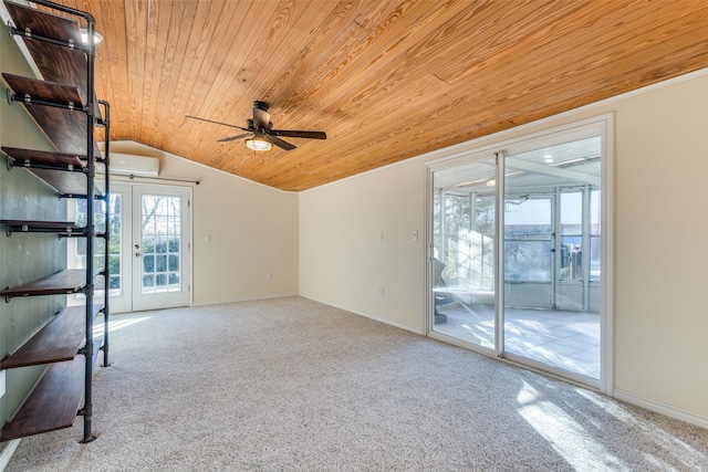 carpeted spare room with ceiling fan, french doors, wood ceiling, and lofted ceiling