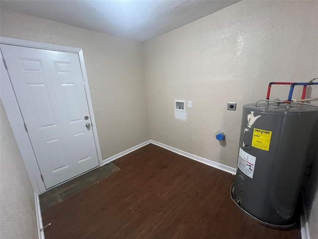 clothes washing area featuring water heater, dark wood-type flooring, hookup for an electric dryer, and hookup for a washing machine