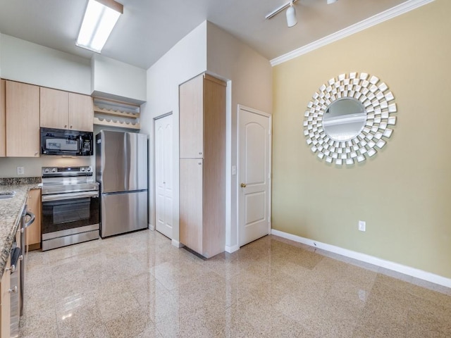 kitchen featuring crown molding, stainless steel appliances, light brown cabinetry, and light stone countertops