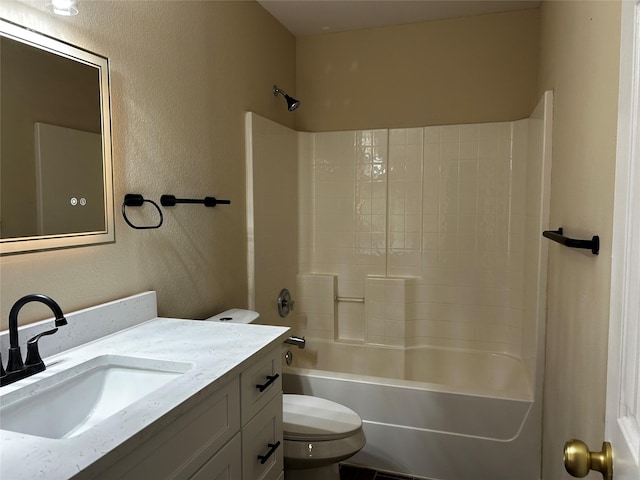 full bathroom featuring bathtub / shower combination, toilet, and vanity