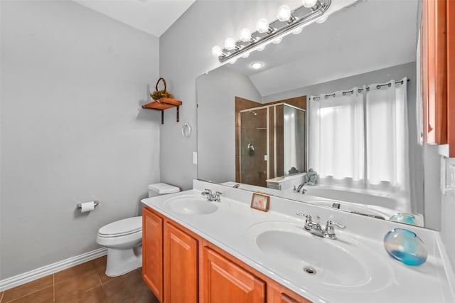 bathroom featuring walk in shower, vanity, tile patterned flooring, toilet, and lofted ceiling