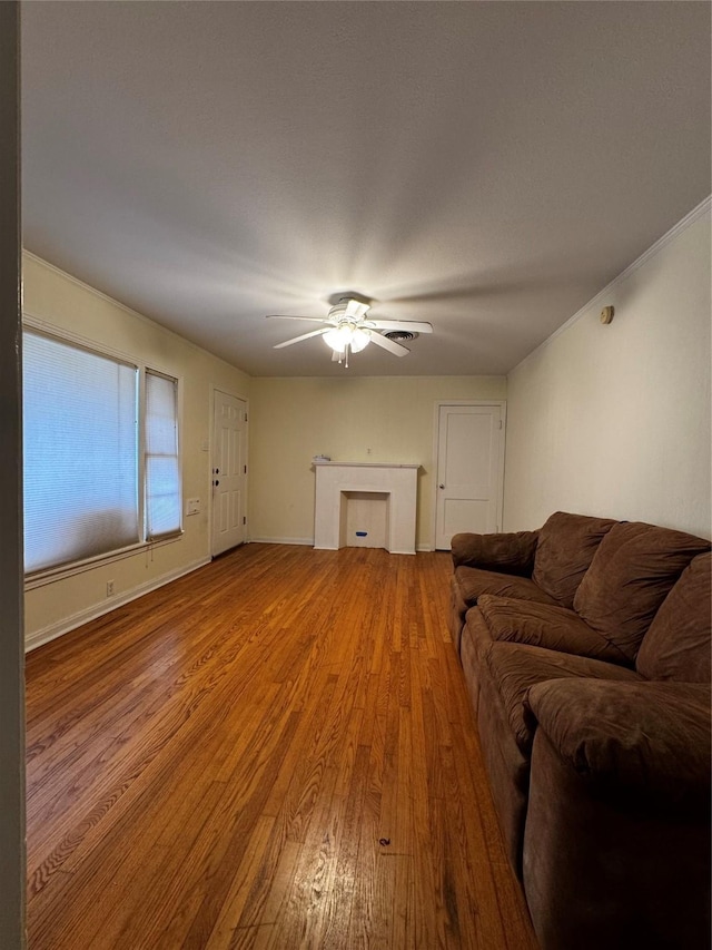 living room featuring ceiling fan and wood-type flooring