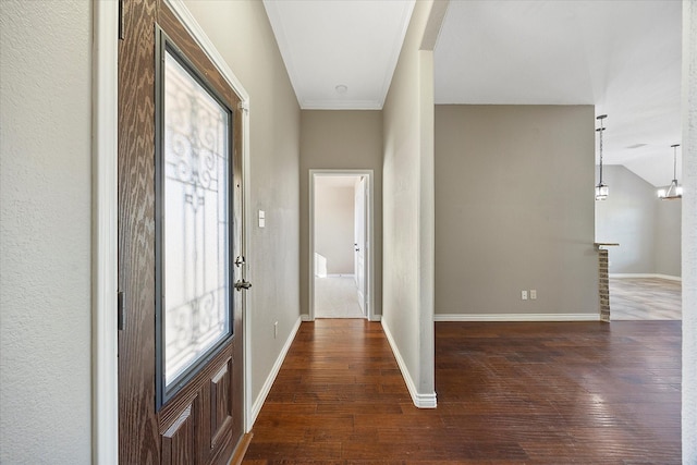 foyer featuring vaulted ceiling and dark hardwood / wood-style floors