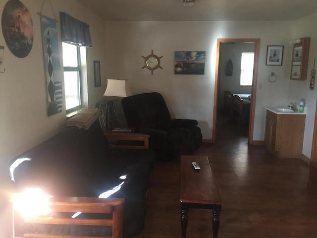 living room with sink, dark wood-type flooring, and a wealth of natural light