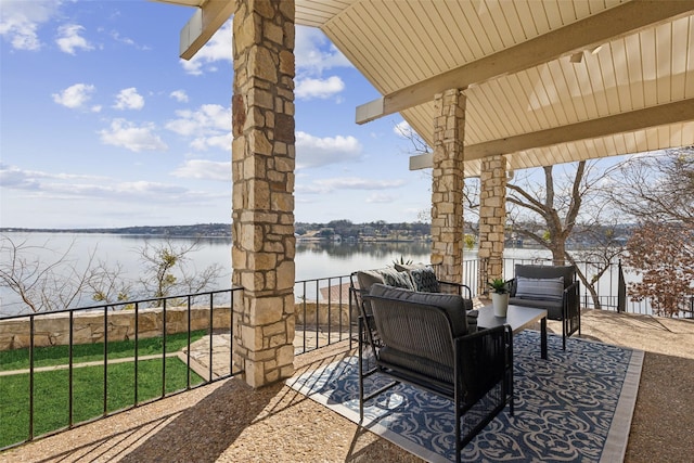 view of patio / terrace featuring a water view