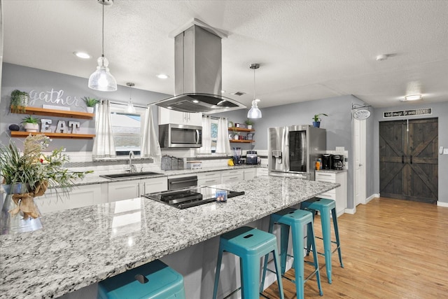 kitchen with a barn door, island range hood, appliances with stainless steel finishes, white cabinets, and sink