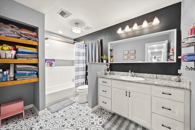 full bathroom with toilet, vanity, shower / bathtub combination with curtain, and tile patterned flooring