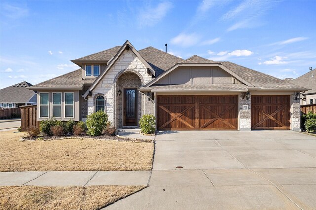 french provincial home with driveway, a garage, brick siding, a shingled roof, and stone siding