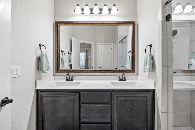 bathroom featuring walk in shower and vanity