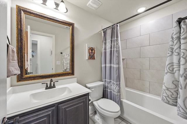 full bath featuring vanity, toilet, shower / bath combination with curtain, recessed lighting, and visible vents