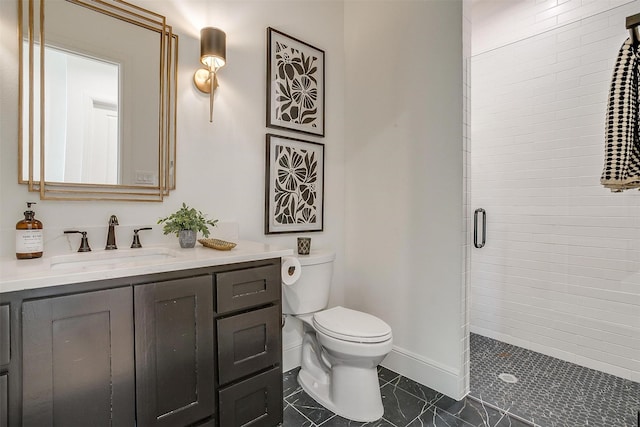 bathroom with walk in shower, vanity, and toilet