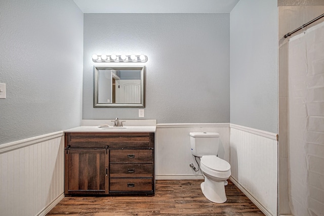 12642 Kollmeyer Way, Fort Worth, TX 76126 - full bath with wood finished floors, toilet, vanity, wainscoting, and curtained shower