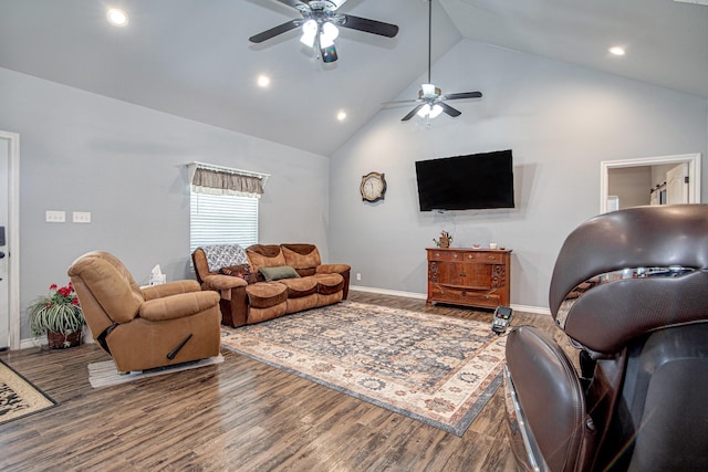 living room with high vaulted ceiling, wood-type flooring, and ceiling fan