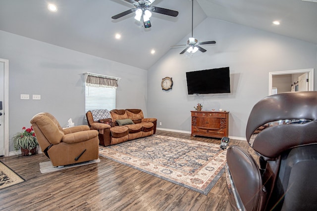 12642 Kollmeyer Way, Fort Worth, TX 76126 - living room with ceiling fan, wood finished floors, baseboards, high vaulted ceiling, and recessed lighting