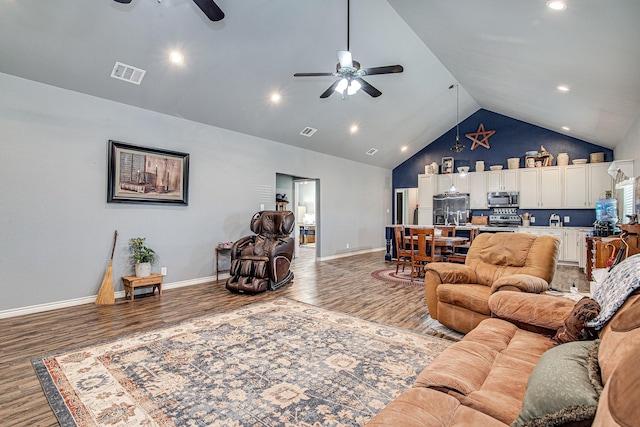 living room featuring high vaulted ceiling, wood-type flooring, and ceiling fan